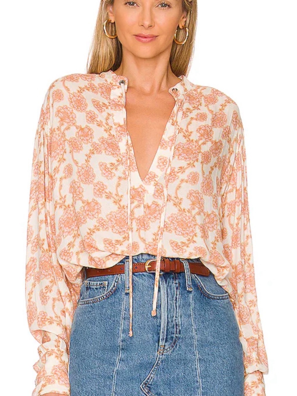 Free People Mia Tunic featuring an ivory and orange floral print size Large